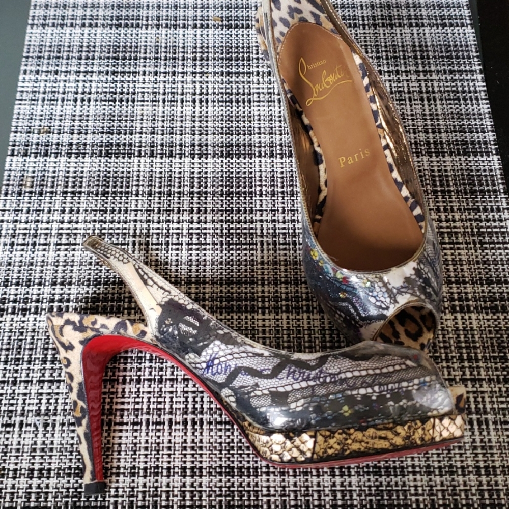 Christian Louboutin Multicolor Leopard Lace Peep-Toe Slingbacks